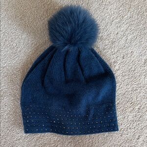 Kinross Blue Cashmere Beanie with Studs